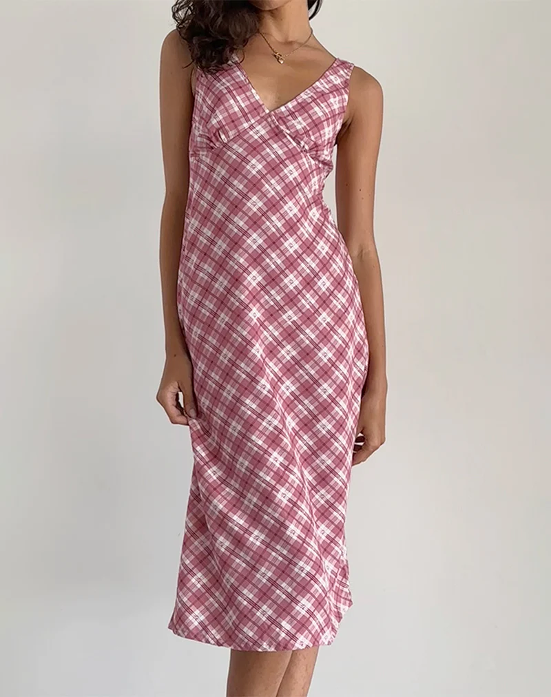 Liva Midi Dress in Pink Tartan - Awmao