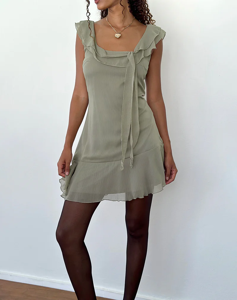 Binita Mini Dress In Chiffon Olive - Awmao
