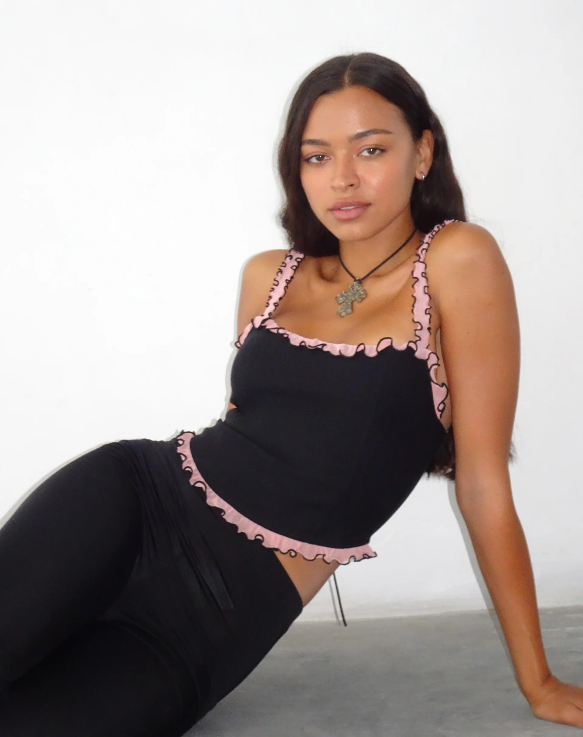 Idalia Corset Top in Black with Pink Mesh Ruffle - Awmao