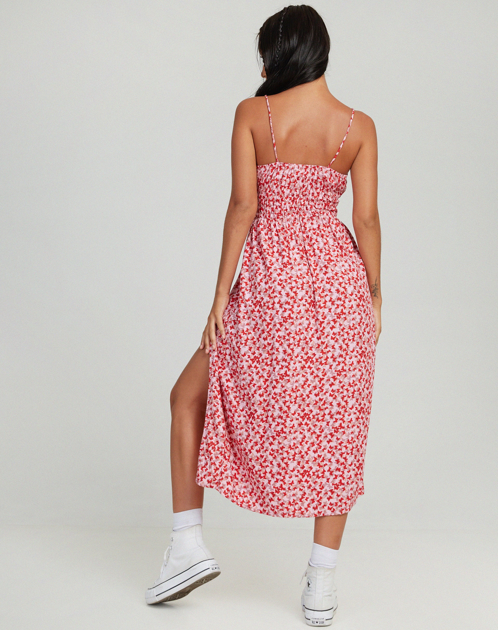 Jeyro Midi Dress in Ditsy Butterfly Peach and Red - Awmao