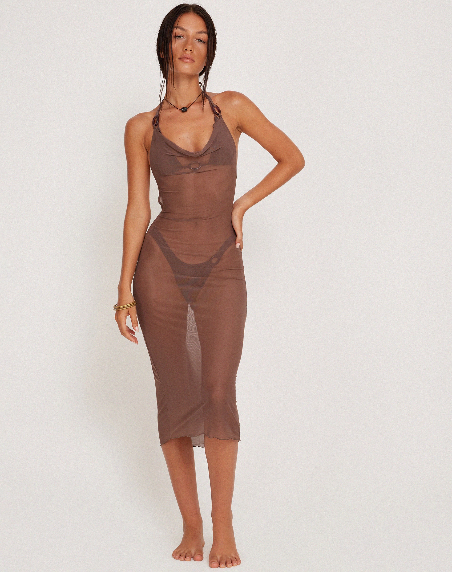 Maysa Midi Dress in Mesh Coffee - Awmao