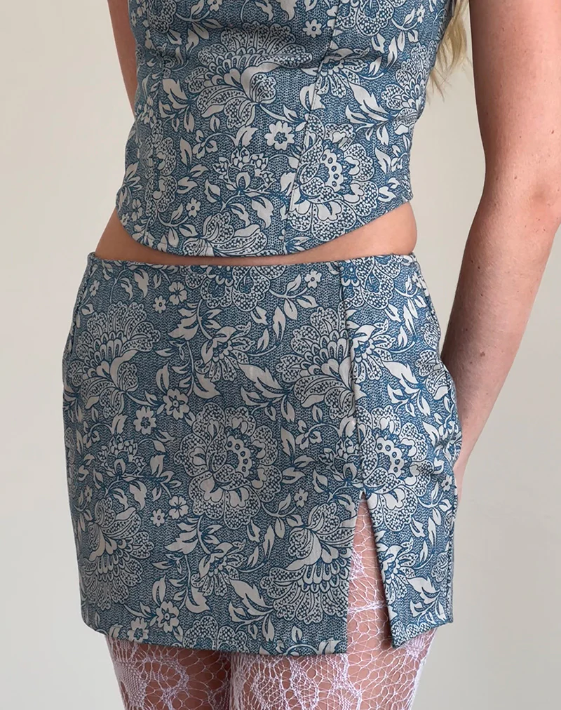 Pravara Mini Skirt in Blue Ornate Print - Awmao