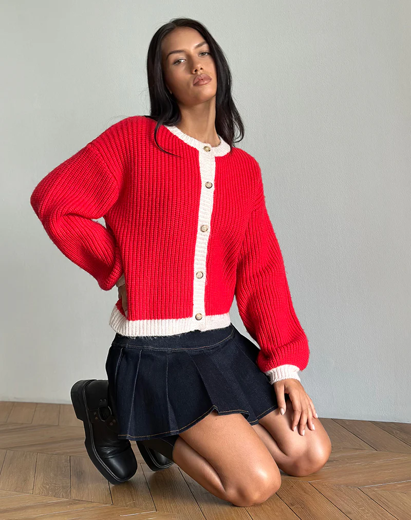 Luciana Contrast Cardigan in Red and Pink - Awmao