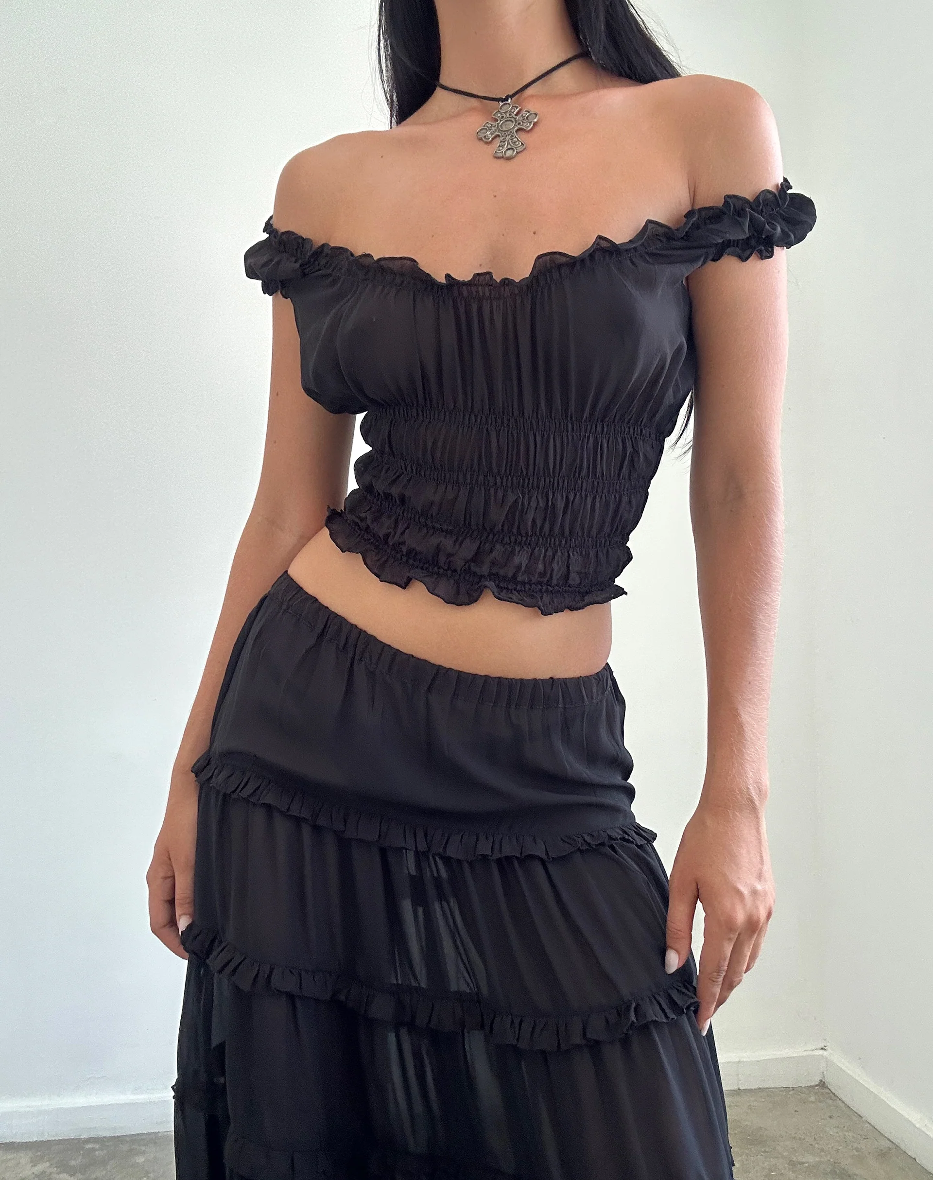 Xavi Shirred Bardot Top in Chiffon Black - Awmao