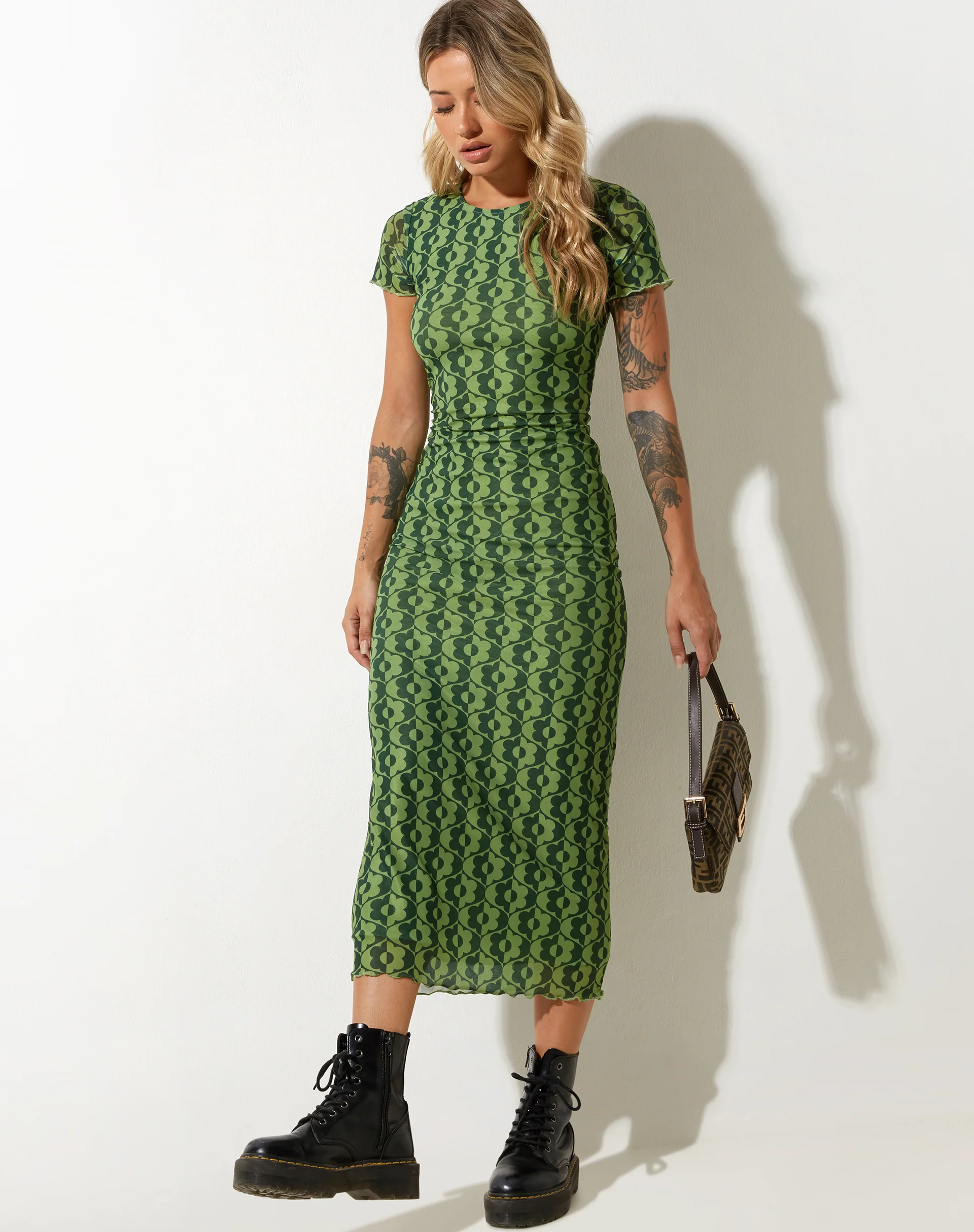 Happyella Midi Dress in Wavy Daisy Green - Awmao
