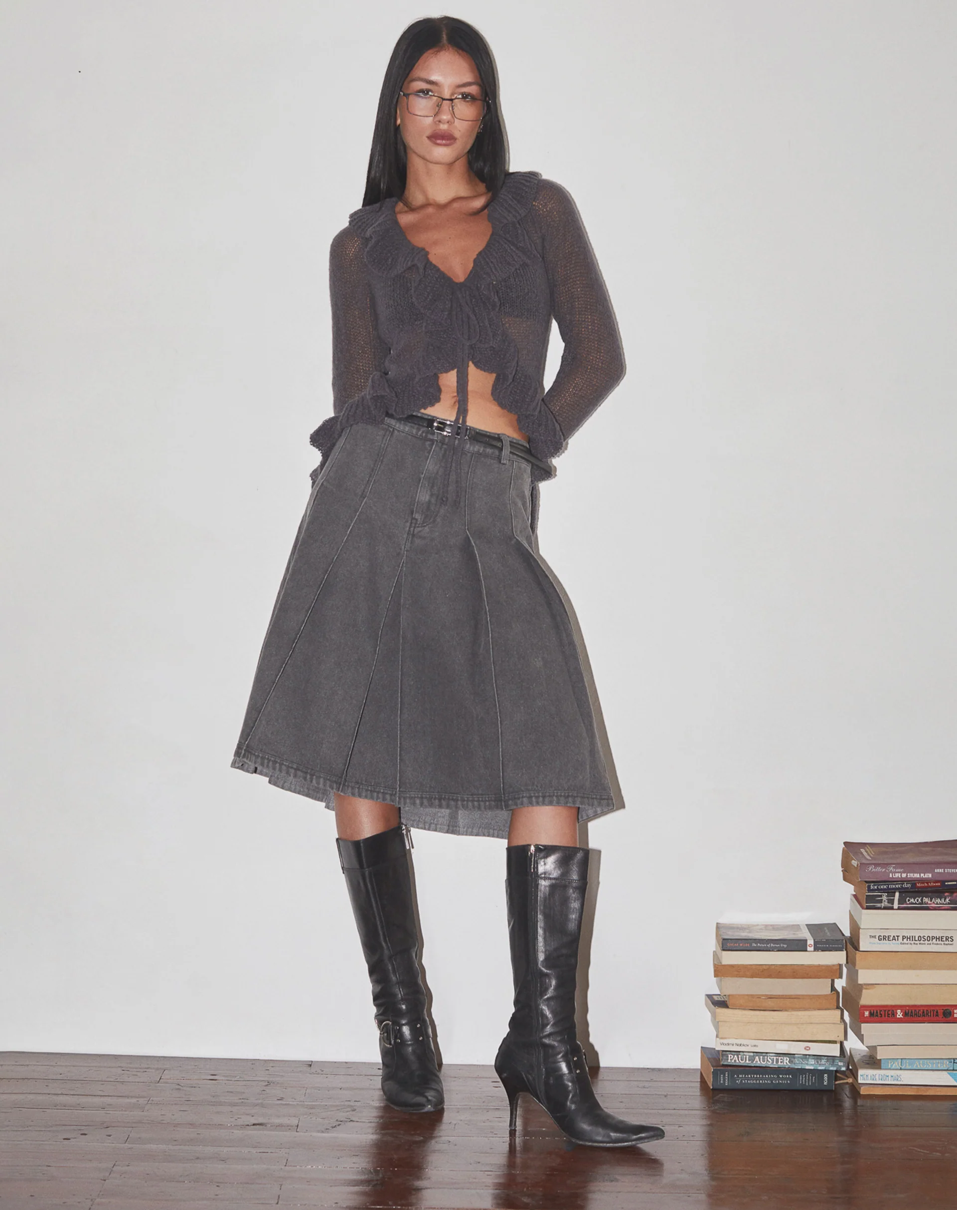 Kendra Ruffle Cardigan in Dark Charcoal Knit - Awmao