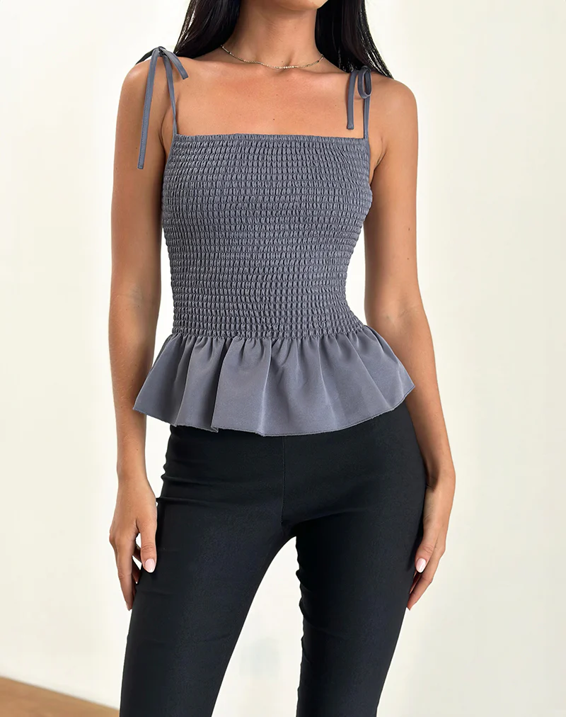 Seora Tie Shoulder Shirred Top in Grey - Awmao