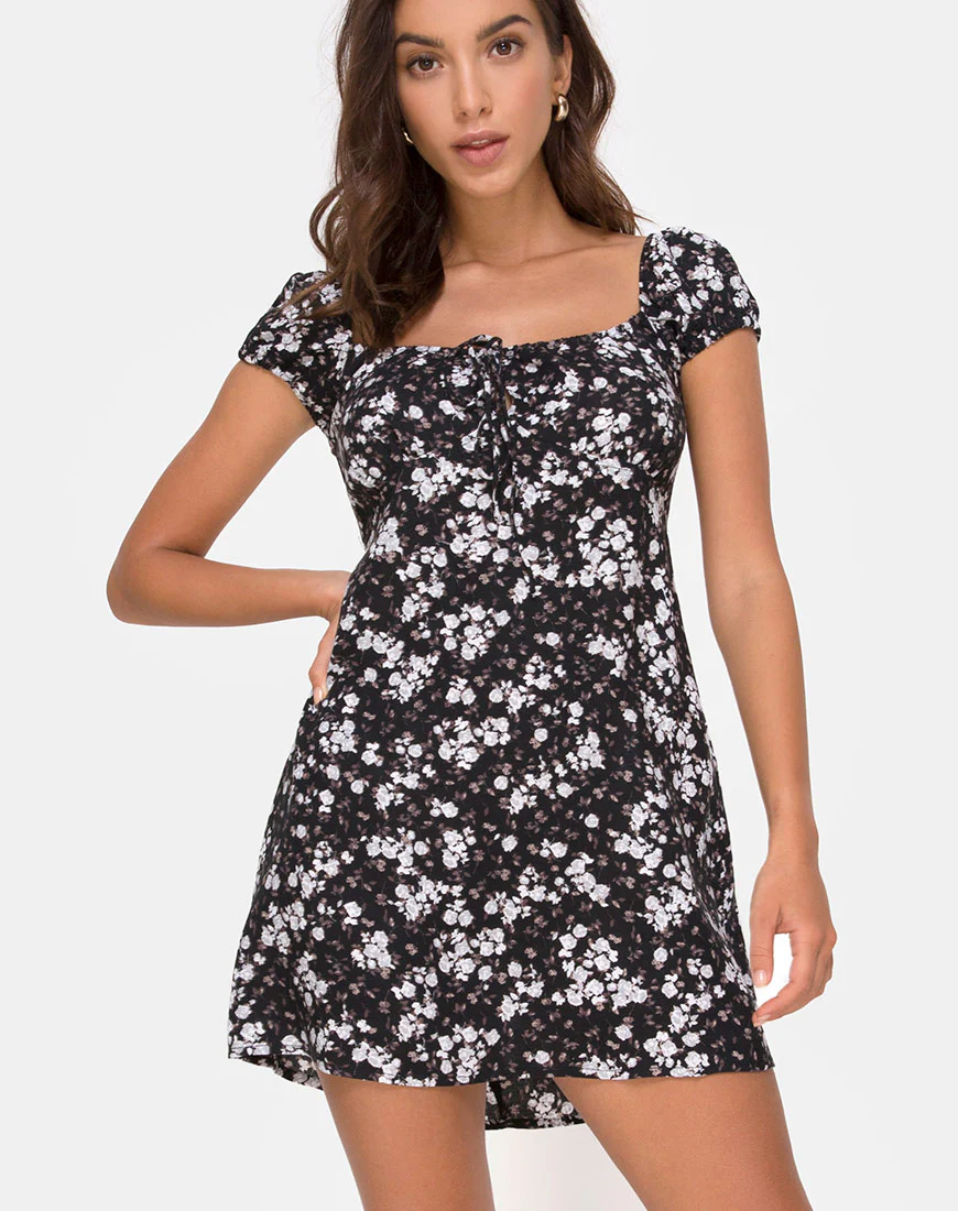 Gaval Mini Dress in Dark Wild Flower - Awmao