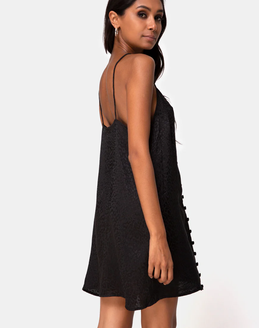 Akina Dress in Black Satin Cheetah - Awmao