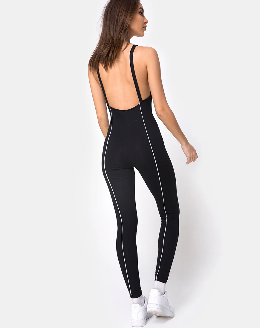 Pion Plunge Catsuit in Black with Piping Line - Awmao