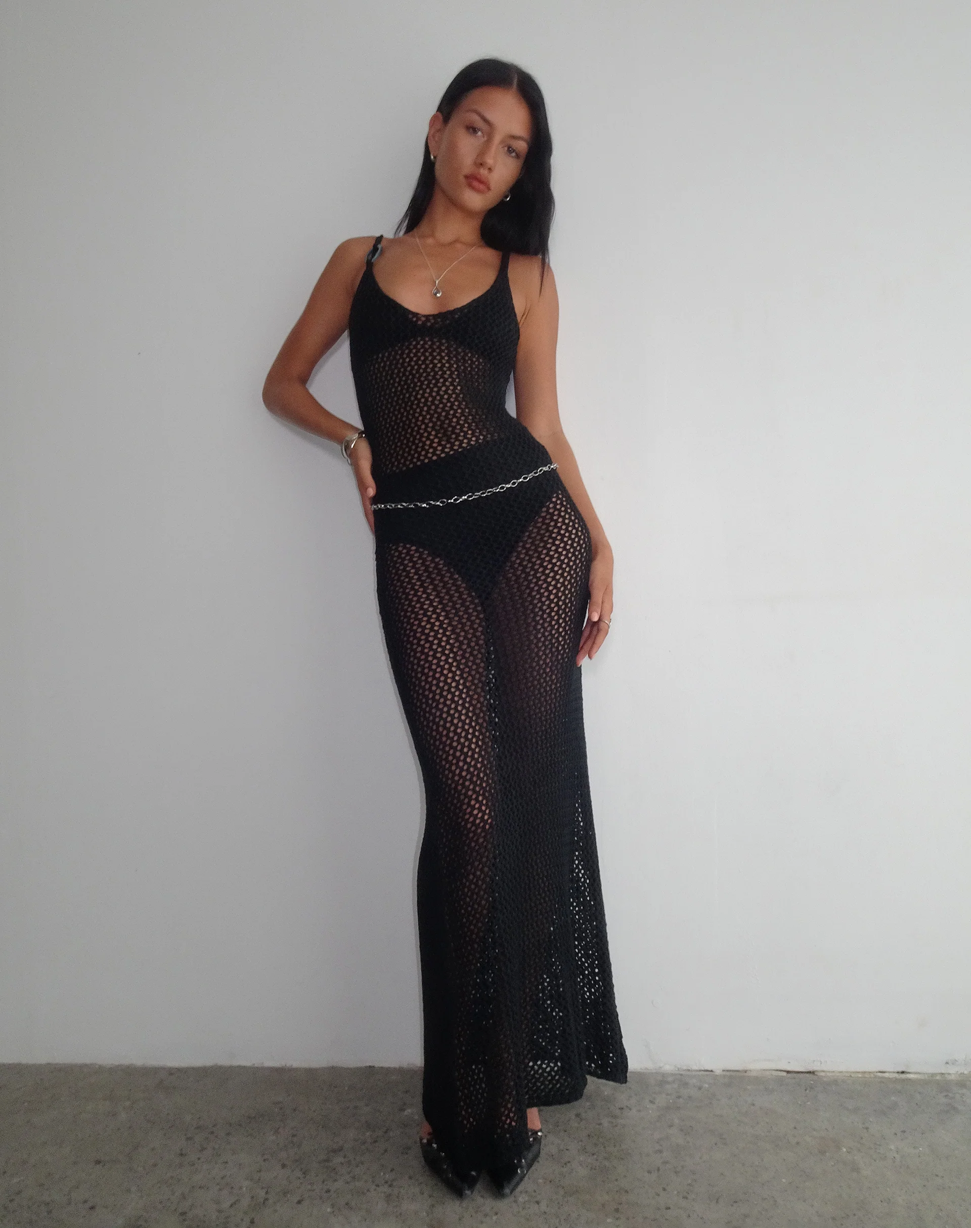 Nazir O Ring Strap Knitted Maxi Dress in Black - Awmao
