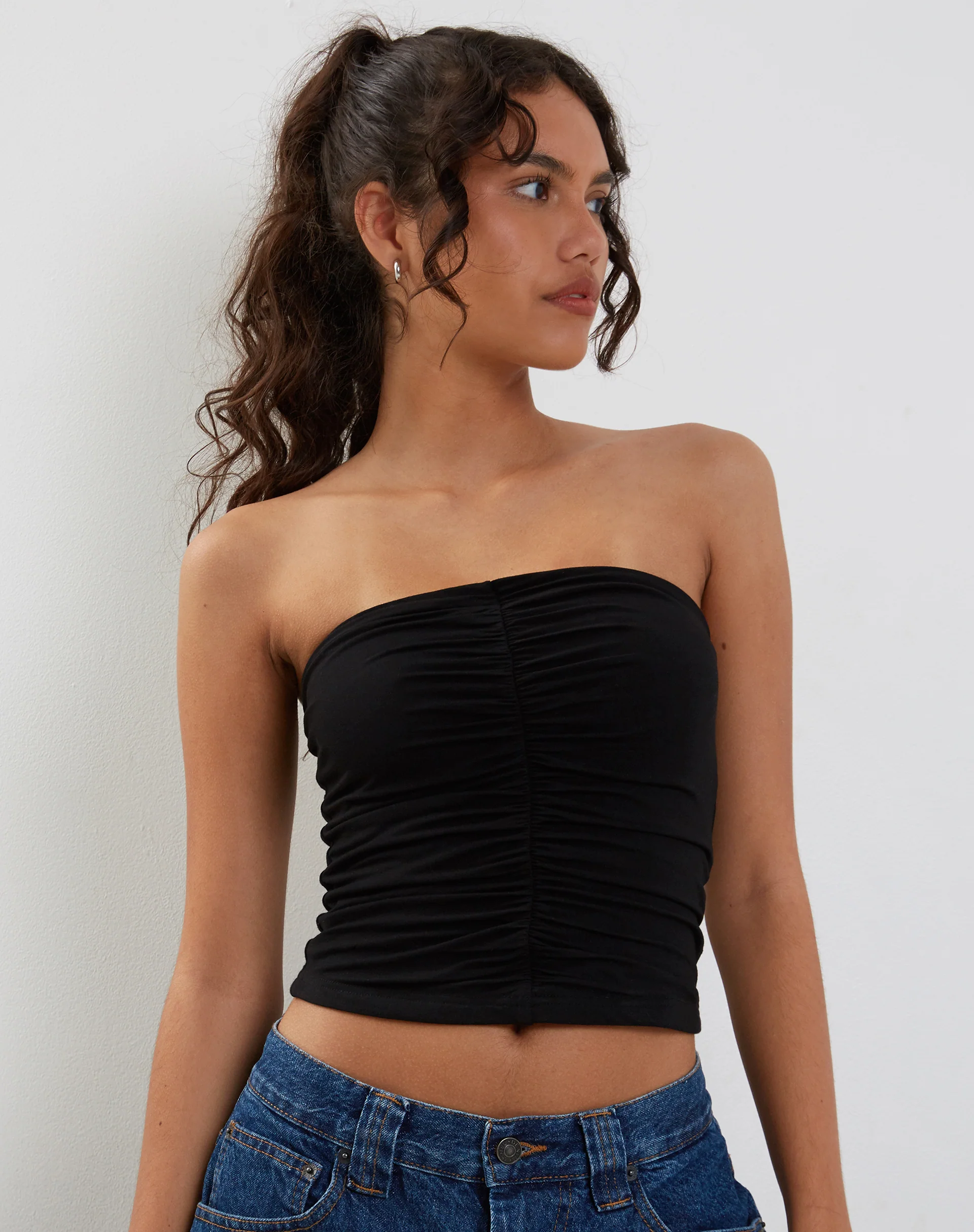 Sajna Ruched Bandeau Top in Black - Awmao