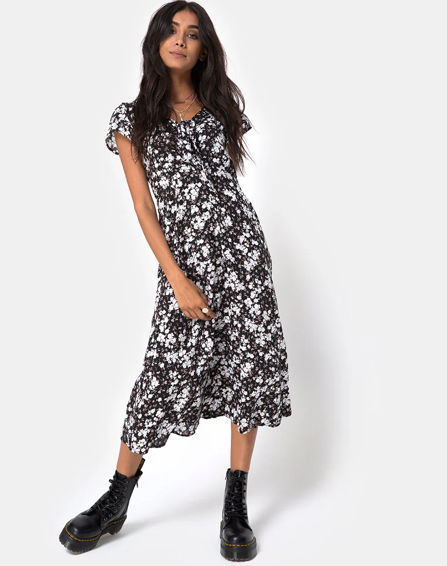 Youki Midi Dress in Dark Wild Flower - Awmao