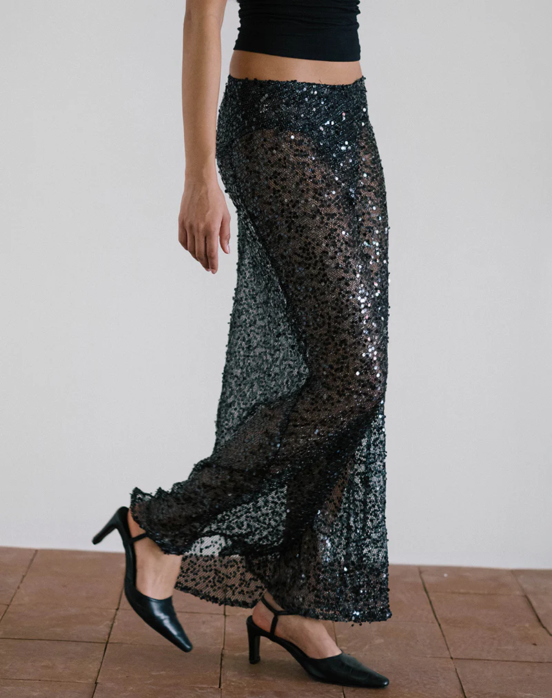Vanessa Maxi Skirt in Sequin Mesh Black - Awmao