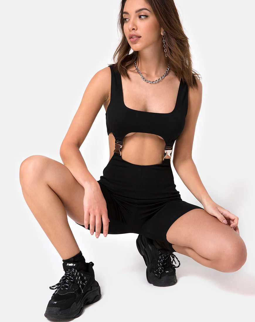 Requi Unitard in Black with Silver Buckles - Awmao