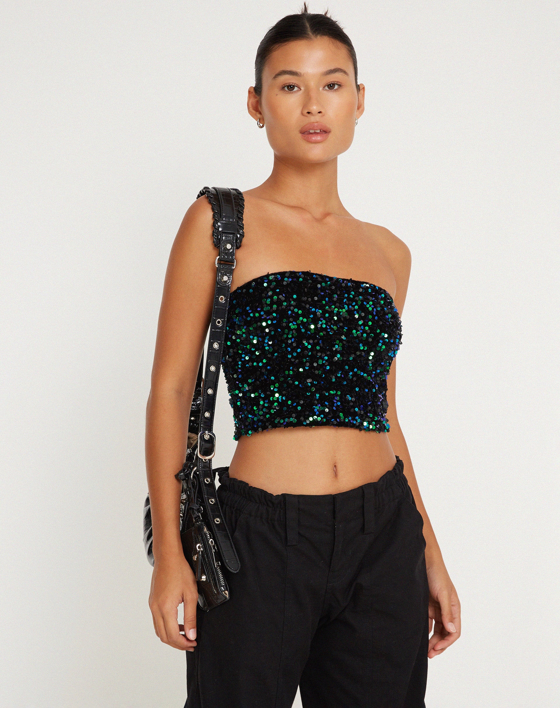 Shae Bandeau Top in Mini Sequin Green Iridescent - Awmao