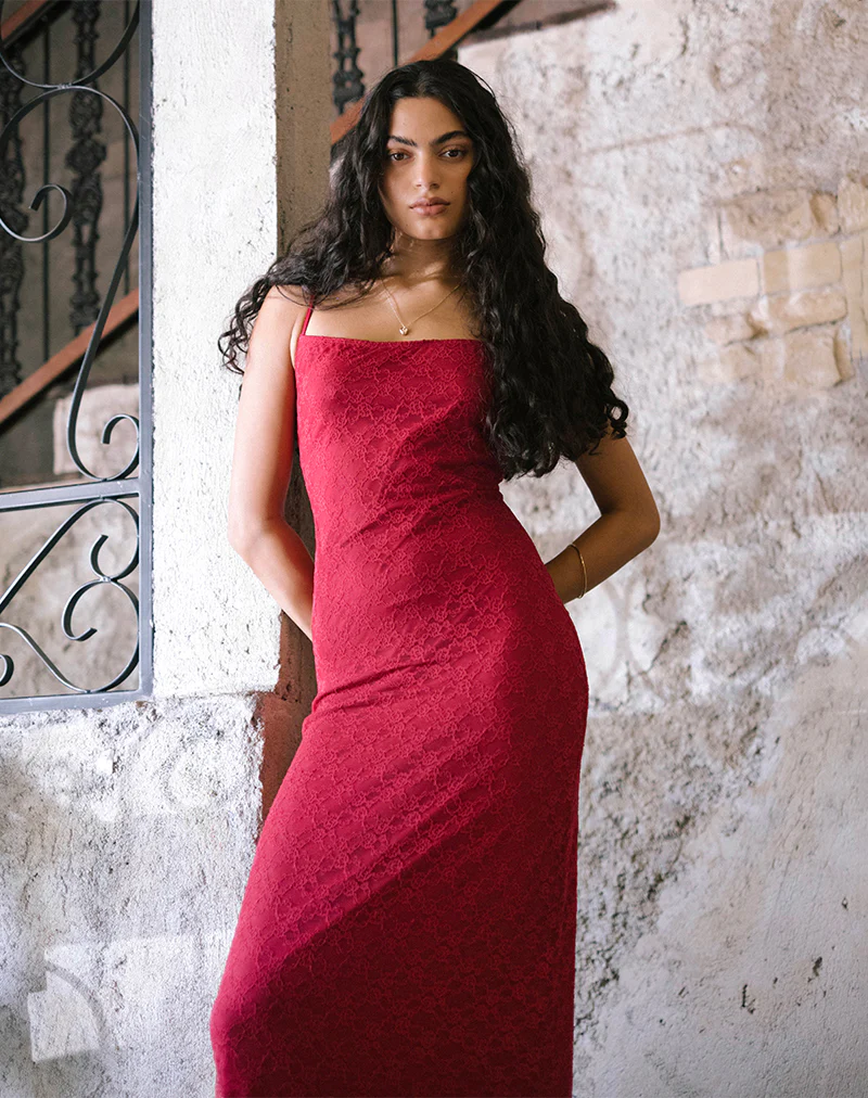 Cantha Maxi Dress in Mari Lace Red - Awmao