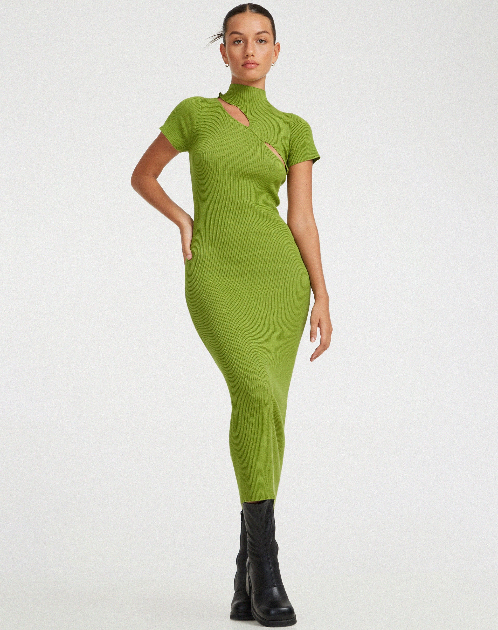 Afiqah Knitted Midi Dress in Golden Lime - Awmao