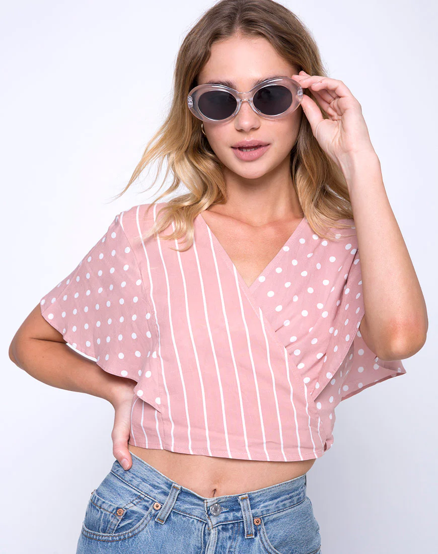 Gios Wrap Top in Spot Stripe Pink and White - Awmao