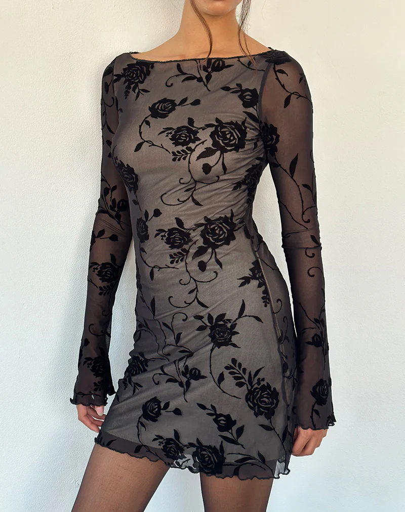 Sevila Long Sleeve Mini Dress in Black Rose Flock - Awmao