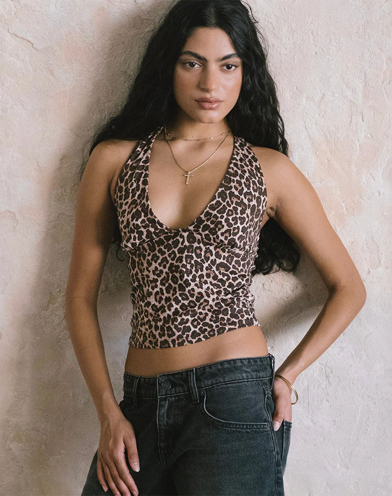 Cosimo Halterneck Top in Rar Leopard Sandstorm - Awmao