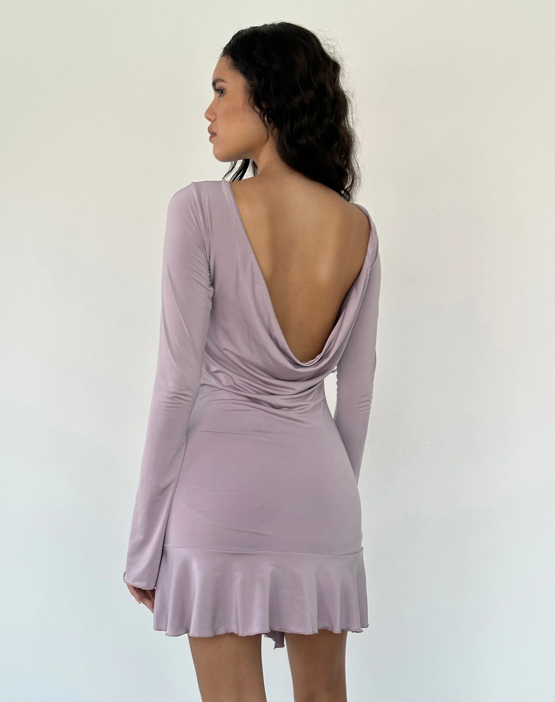 Arwen Backless Ruffle Mini Dress in Slinky Mauve - Awmao