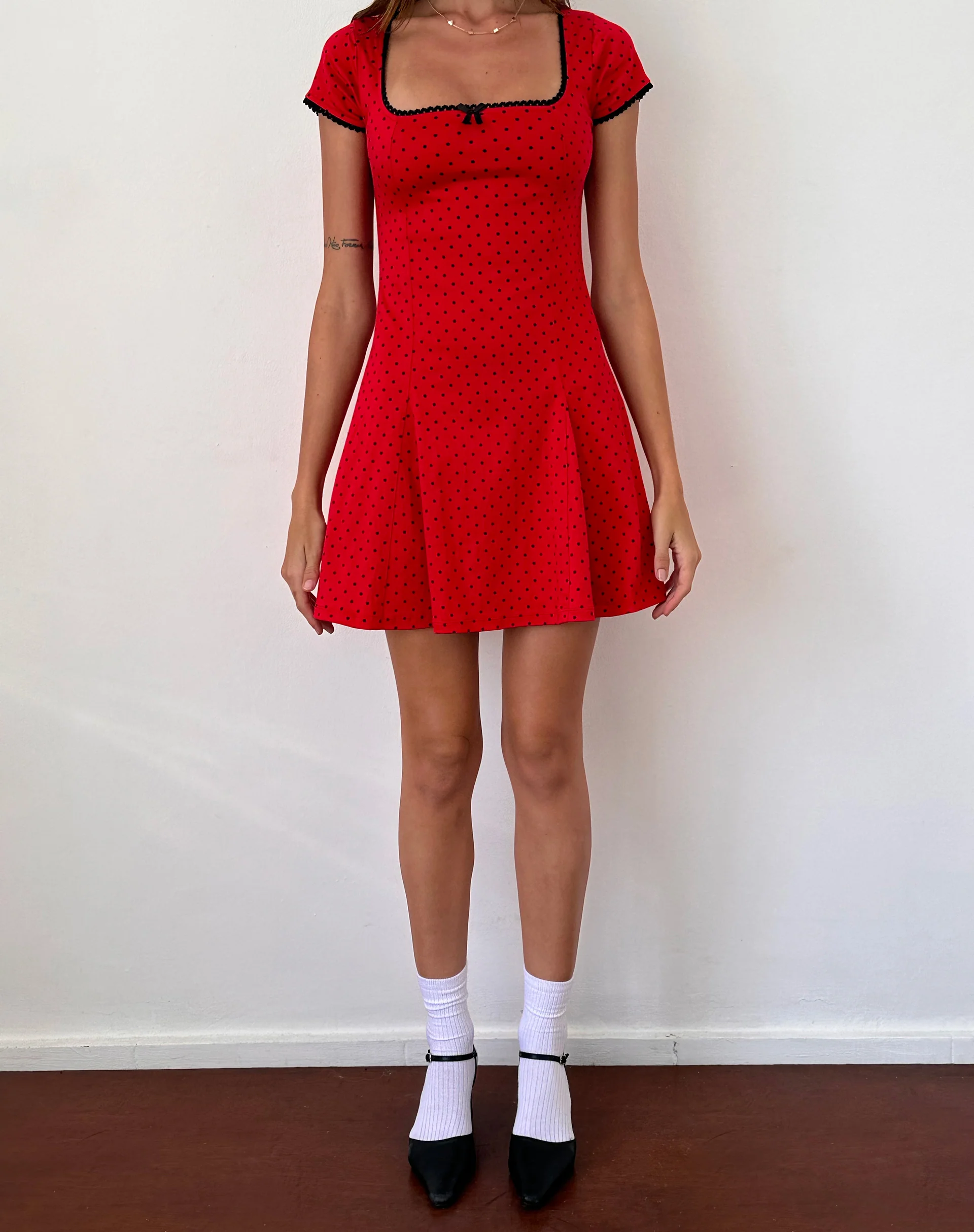 Jinae Pleat Detail Mini Dress in Red Polka Sateen - Awmao