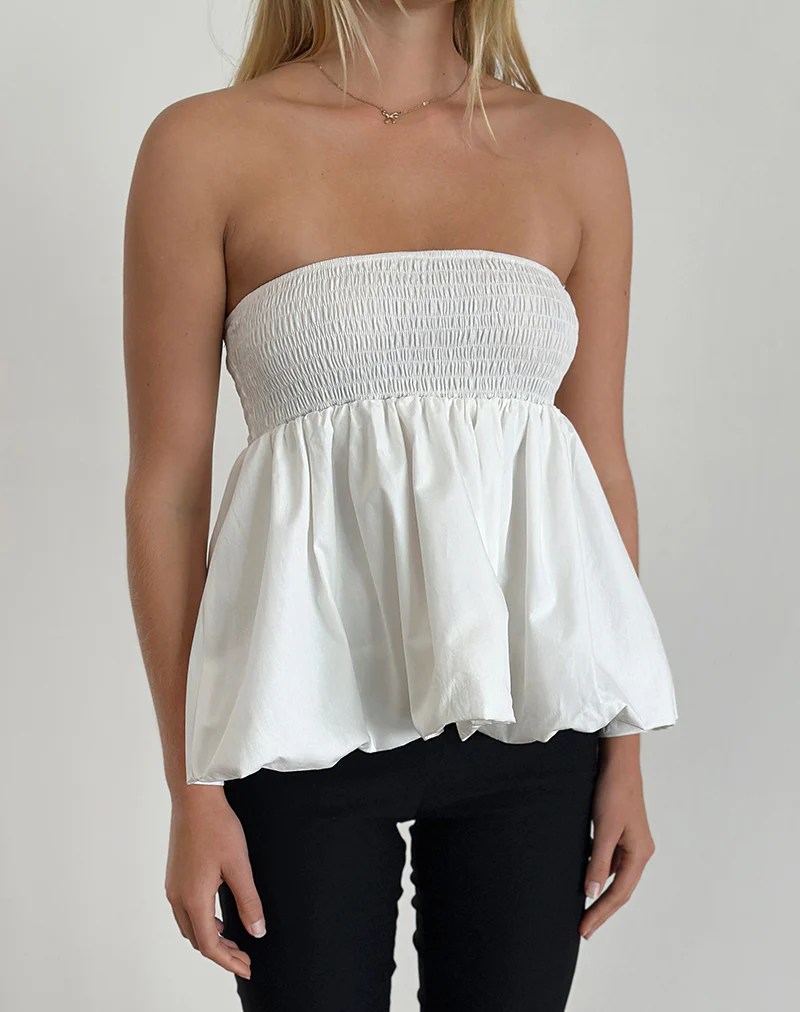 Gaux Puffball Shirred Top in Poplin Ivory - Awmao