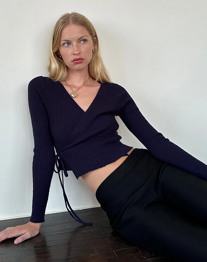Gisela Knitted Wrap Cardigan in Midnight Blue - Awmao