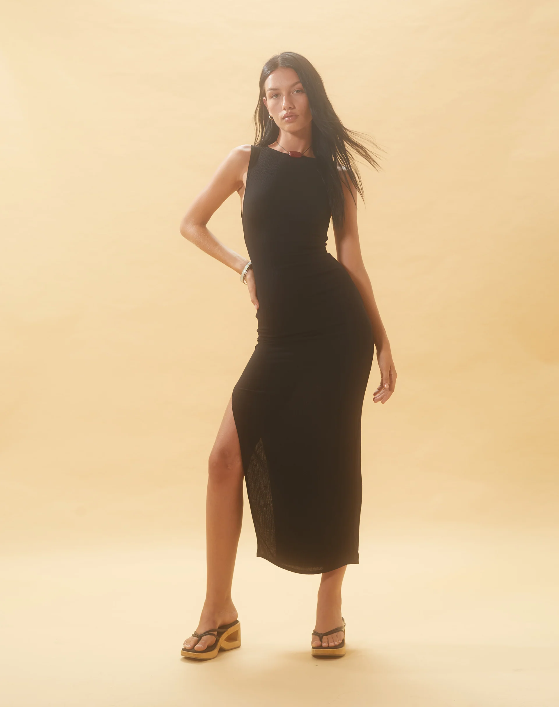 Minyo Racer Neck Maxi Dress in Crinkle Black - Awmao