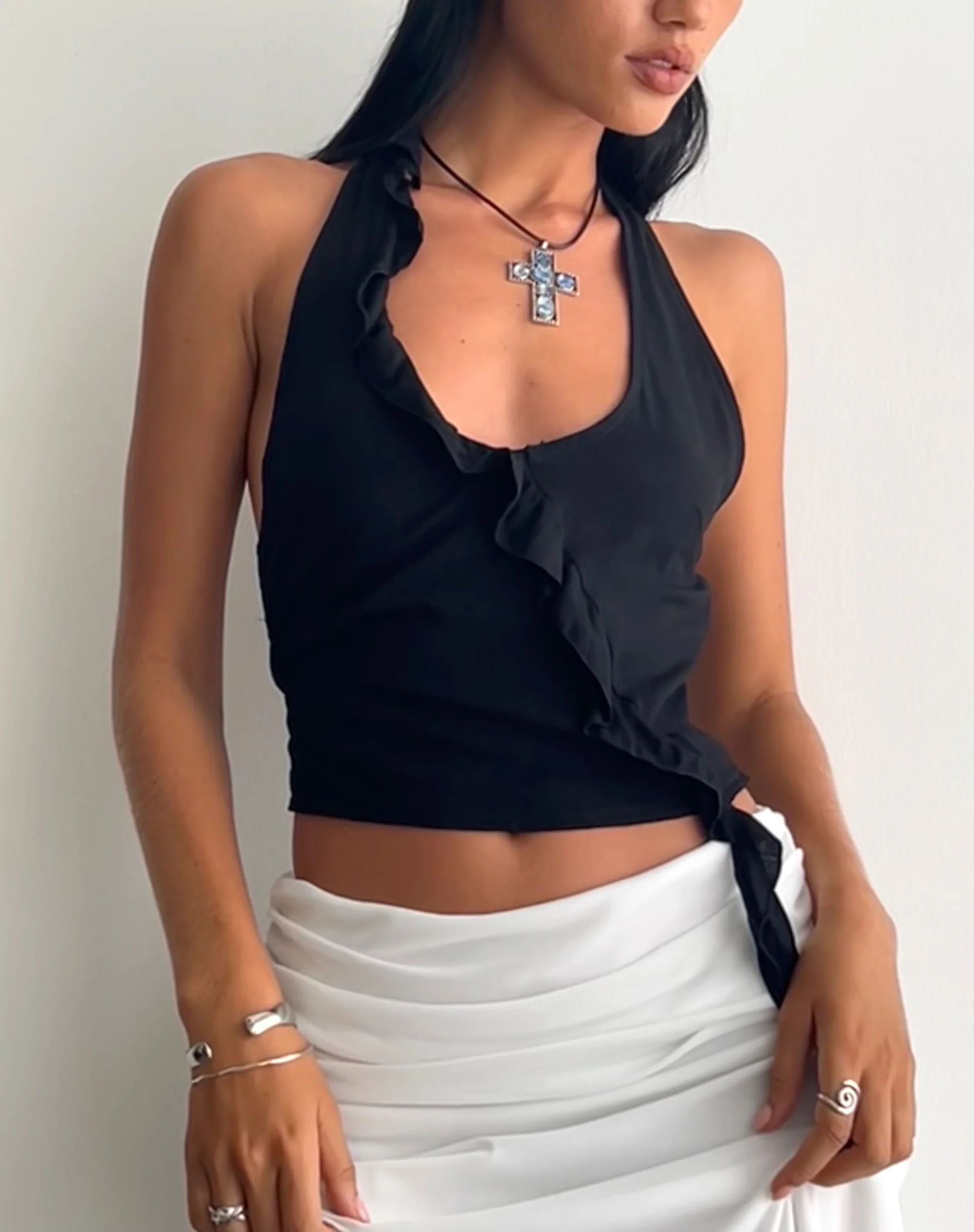 Aysu Ruffle Detail Halterneck Top in Black - Awmao