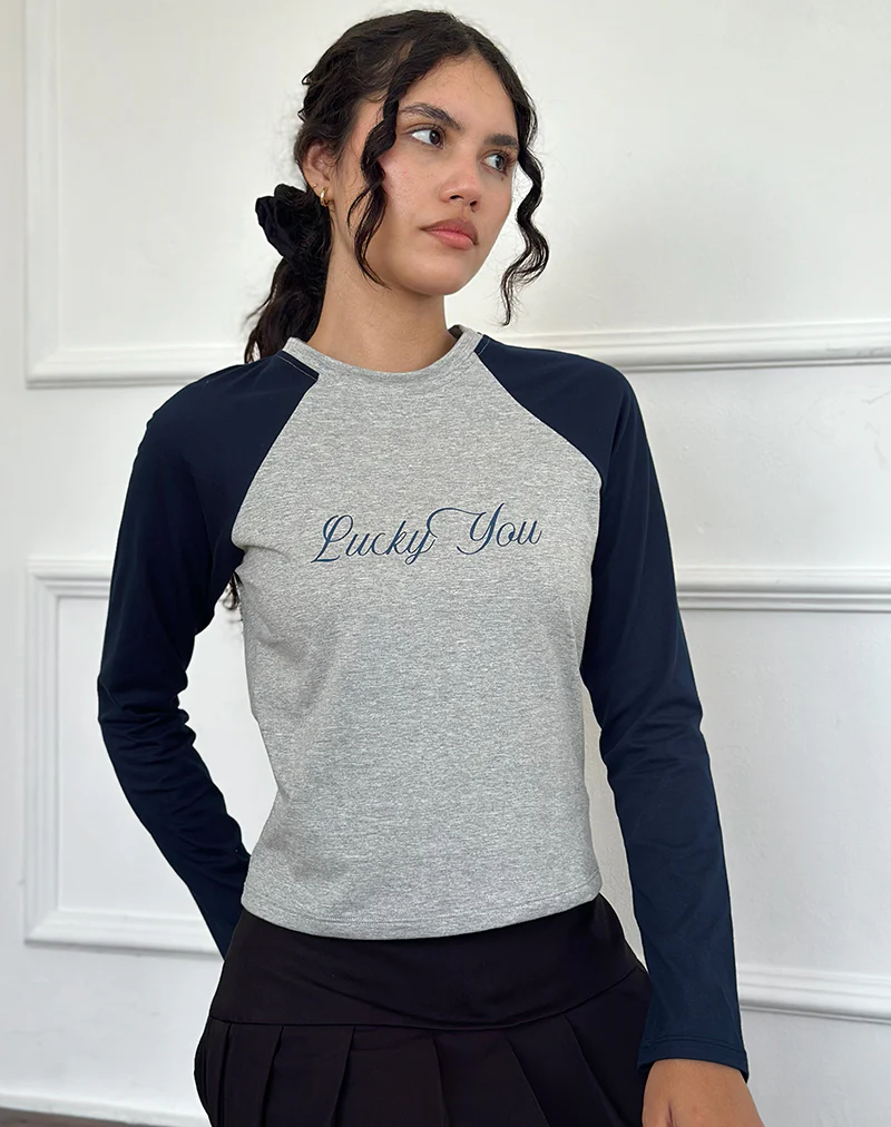 Sabani Top in Grey Marl Navy with Lucky You Print - Awmao