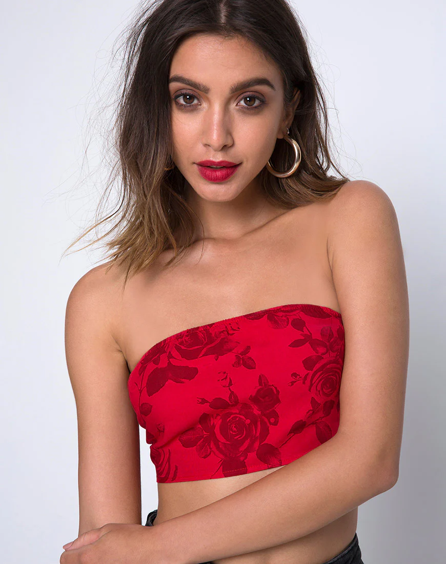 Nolia Tube Top in Tonal Floral Red - Awmao