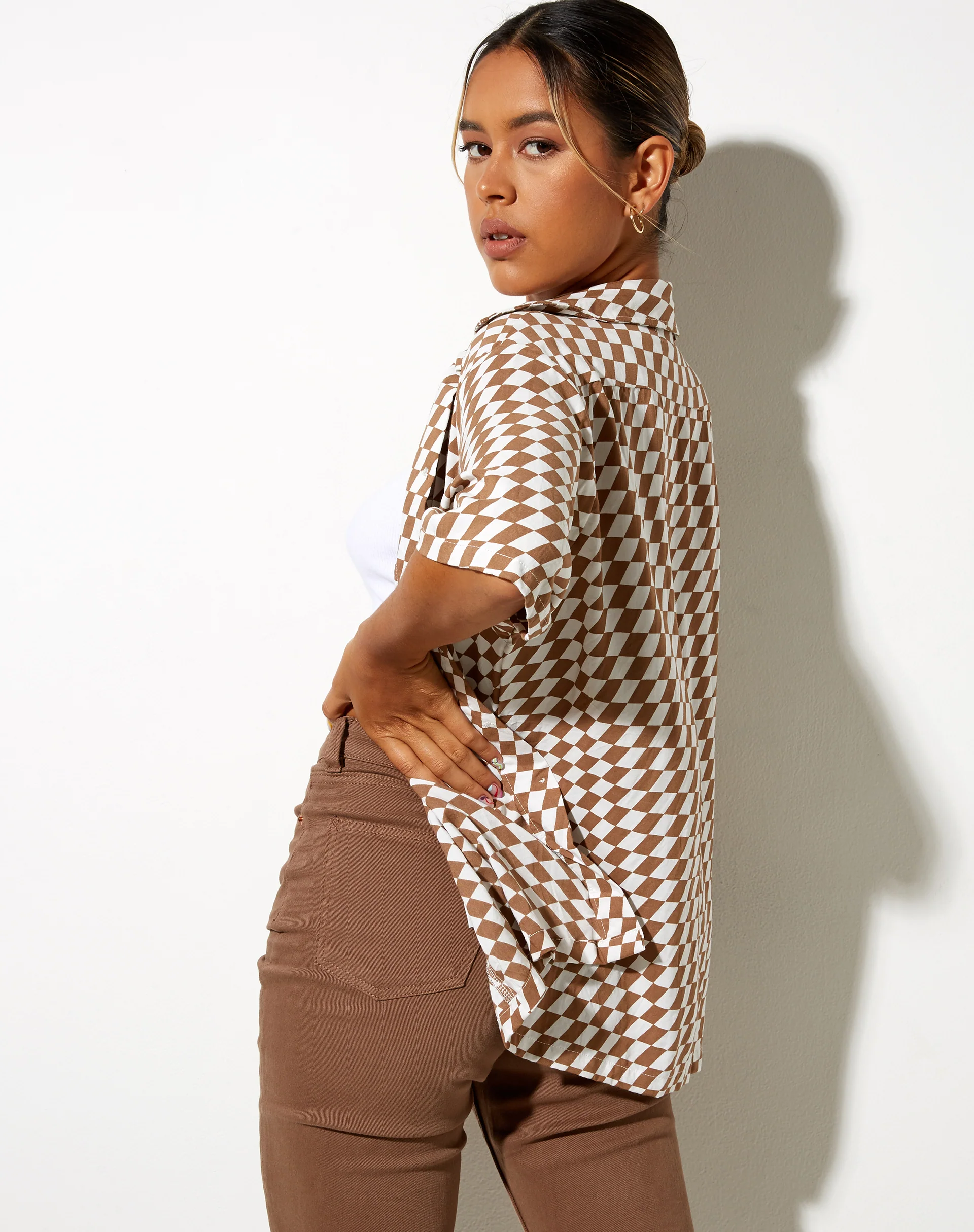 Hawaiian Shirt in Diagonal Checker Tan and Ivory - Awmao