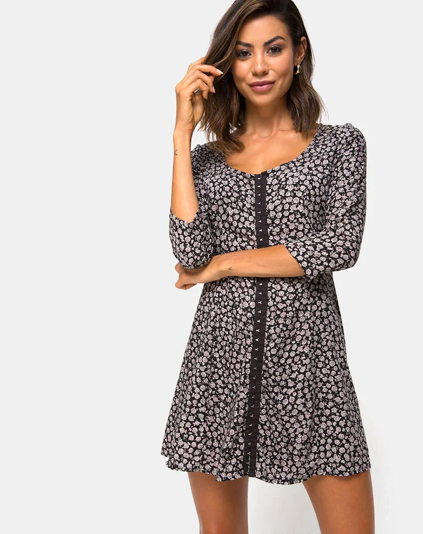 Camisa Swing Dress in Ditsy Rose Black - Awmao