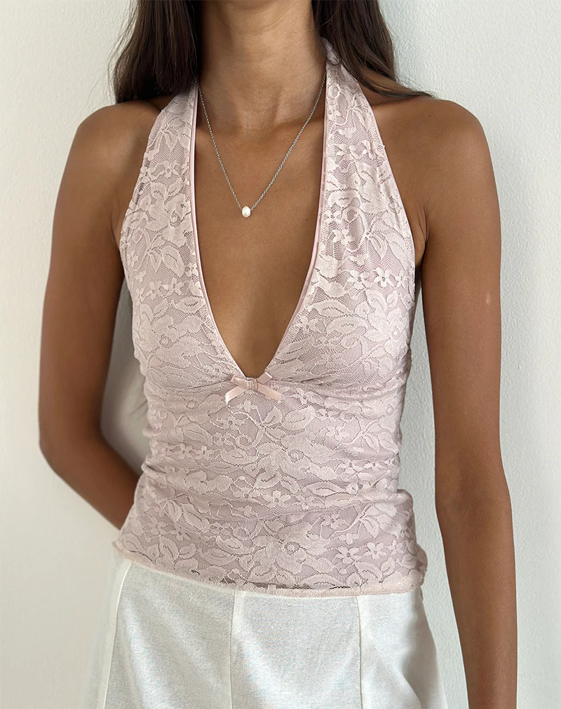 Aksa Halterneck Top in Lace Lotus Pink - Awmao