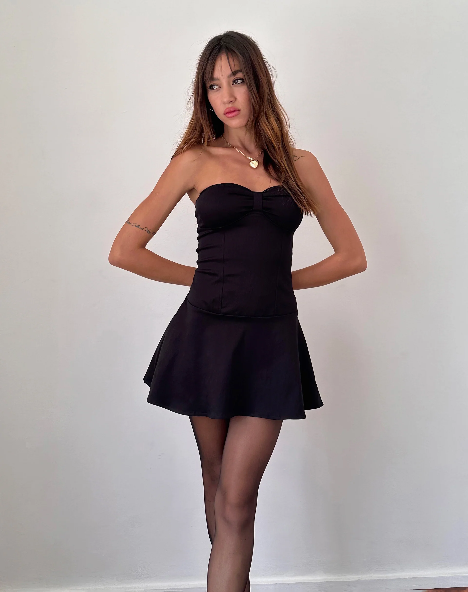 Javas Bandeau Mini Dress in Black Sateen - Awmao