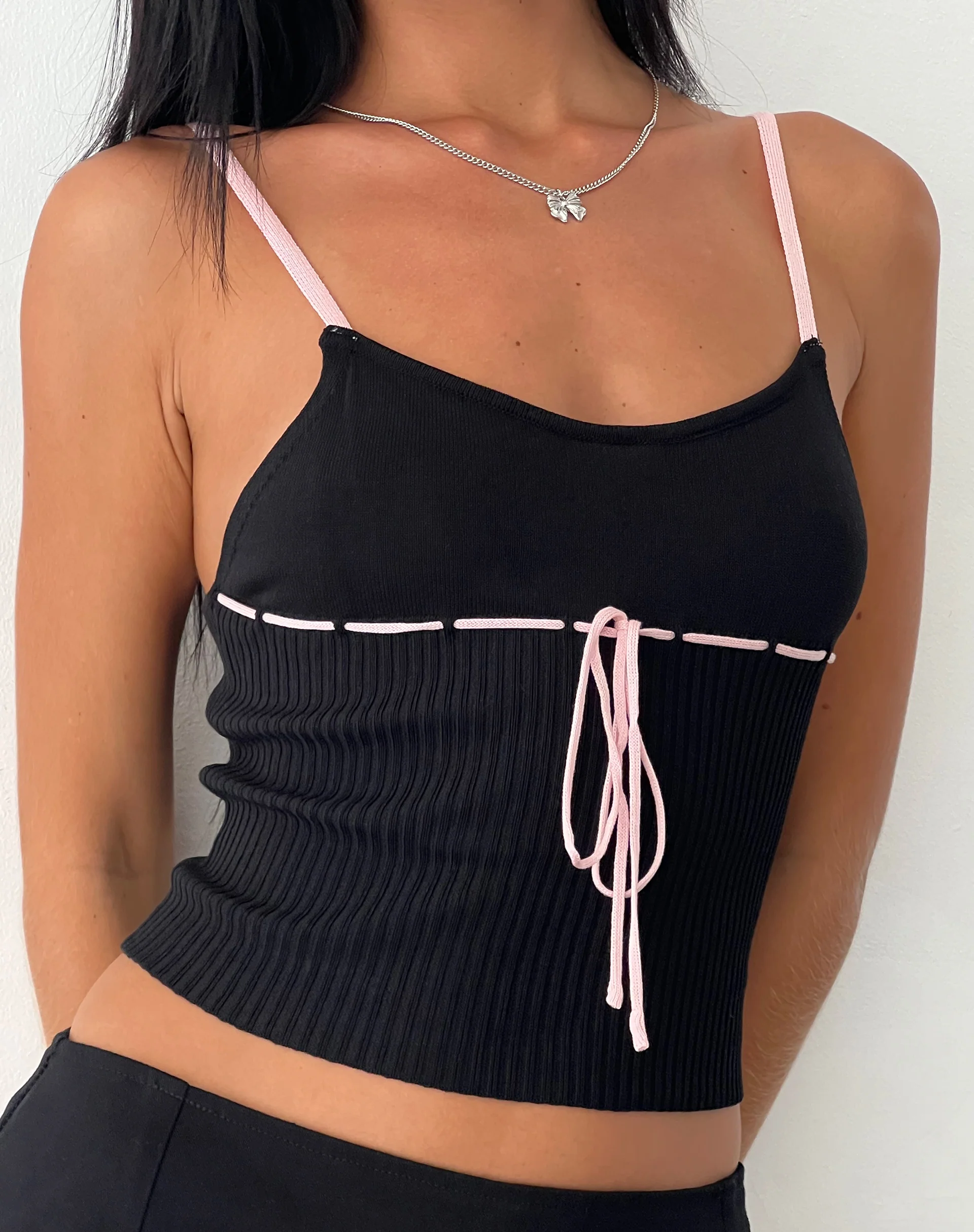 Emonie Cami Top in Black with Pink Binding - Awmao