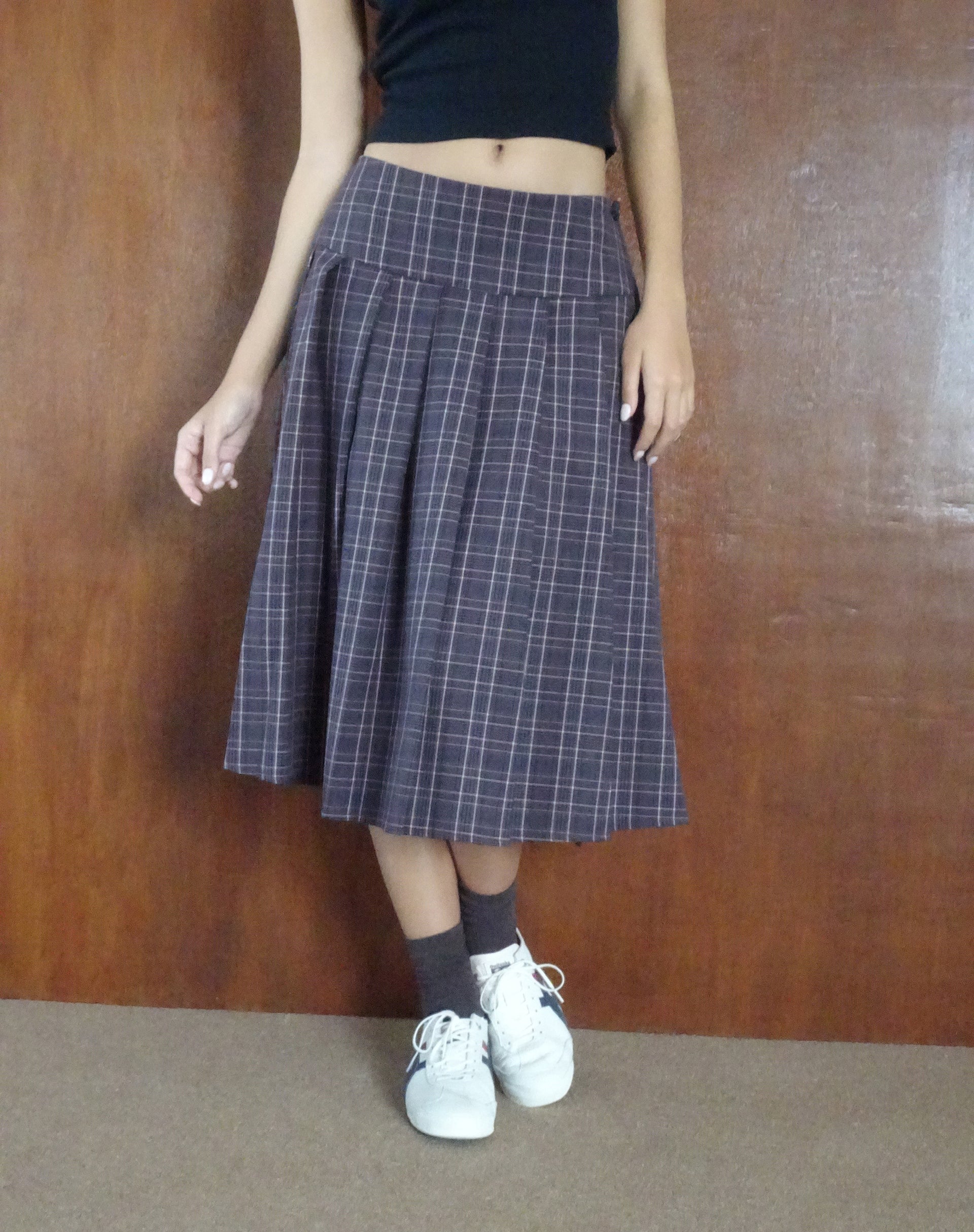 Catelyn Pleated Midi Skirt in Navy Check - Awmao