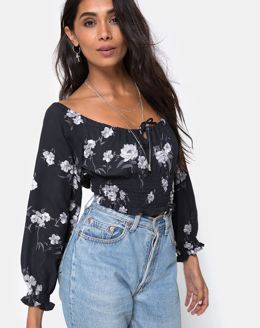 Lancer Crop Top in Mono Flower Black - Awmao
