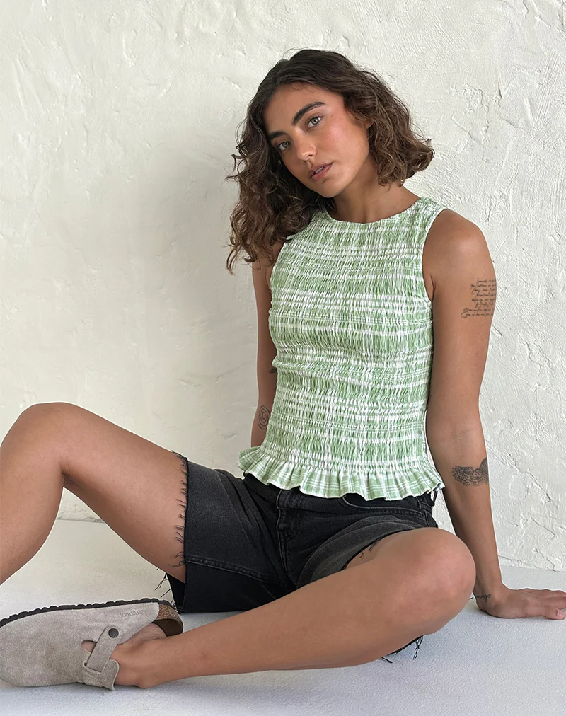 Birita Shirred Top in Table Cloth Neo Mint - Awmao