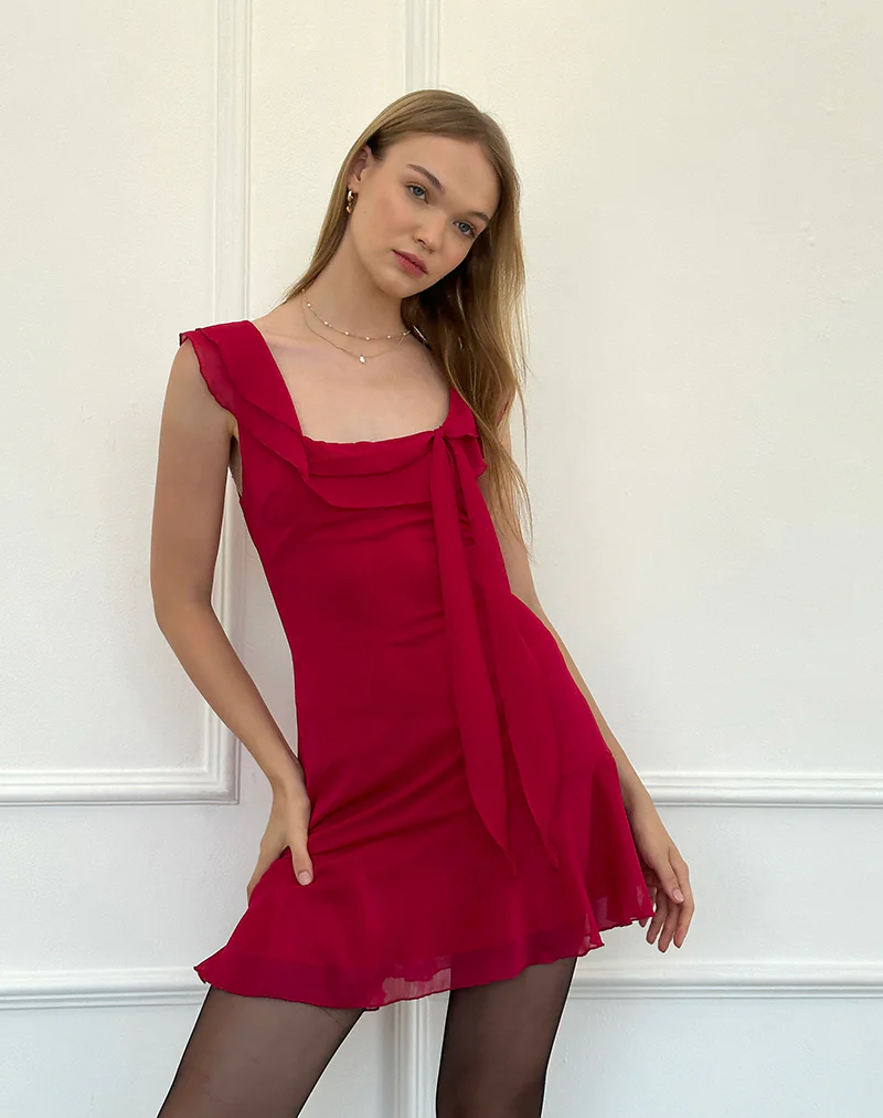 Binita Mini Dress in Chiffon Burgundy - Awmao