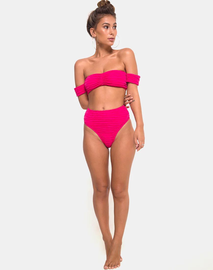 Shaca Bikini Bottom in 80's Crinkle Pink Highlighter - Awmao