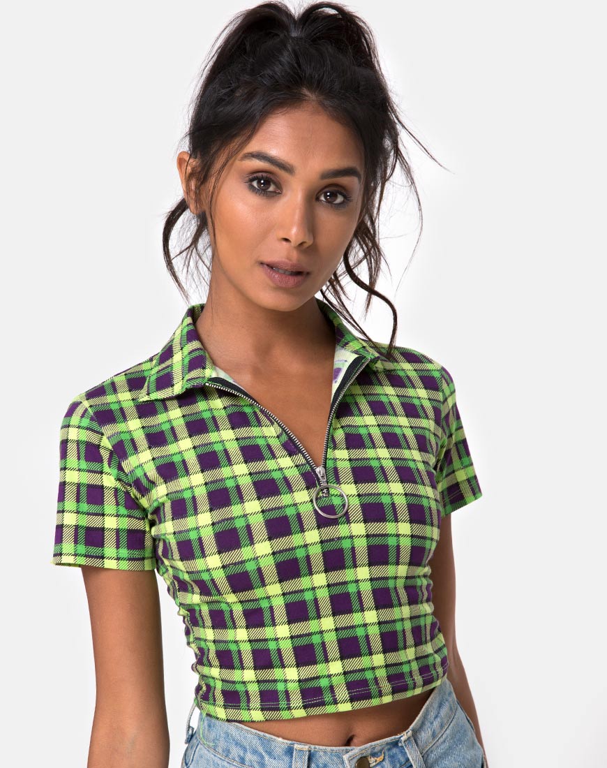 Dhen Crop Top in Green and Purple Check - Awmao