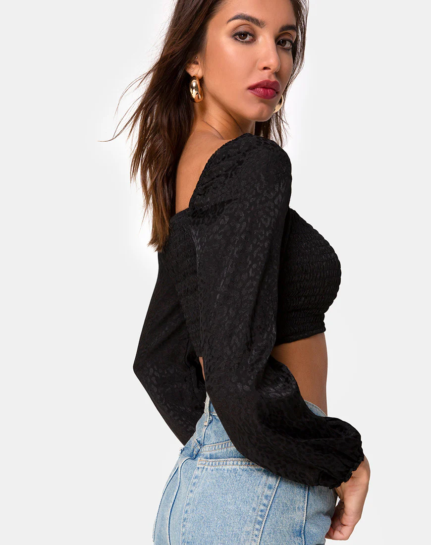 Elina Top in Black Satin Cheetah - Awmao