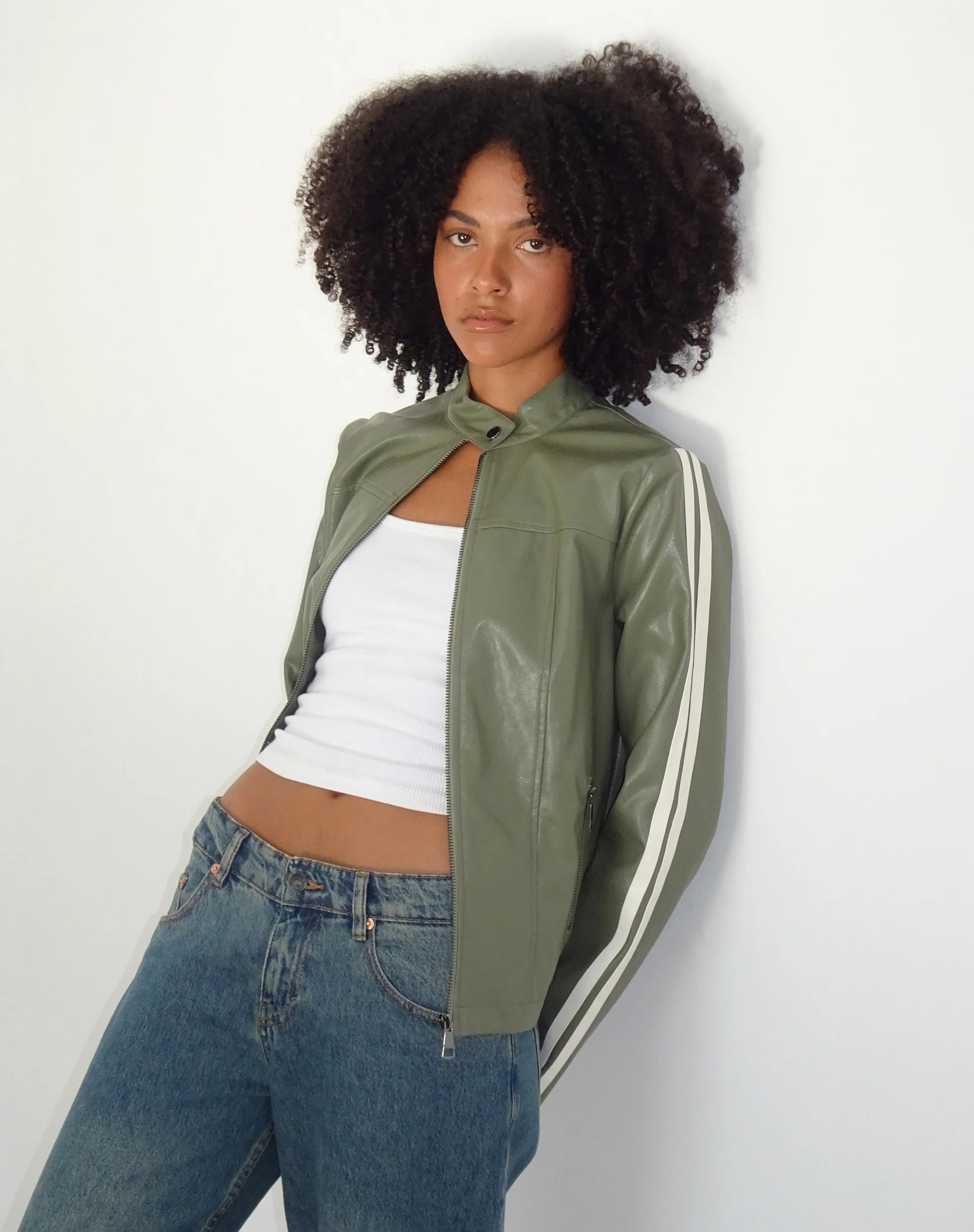 Jacquie Zip Up Biker Jacket in PU Green with Ivory Stripe - Awmao