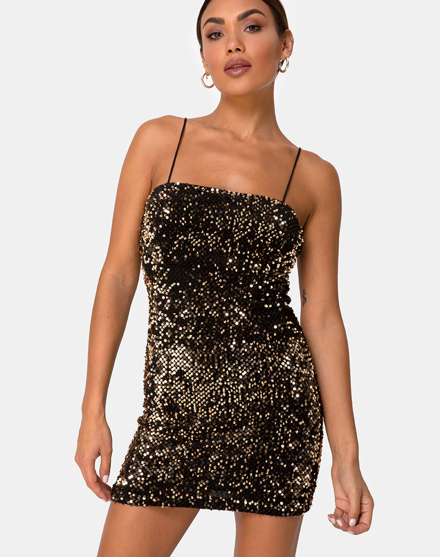 Cecile Slip Dress in Velvet Gold Sequin - Awmao