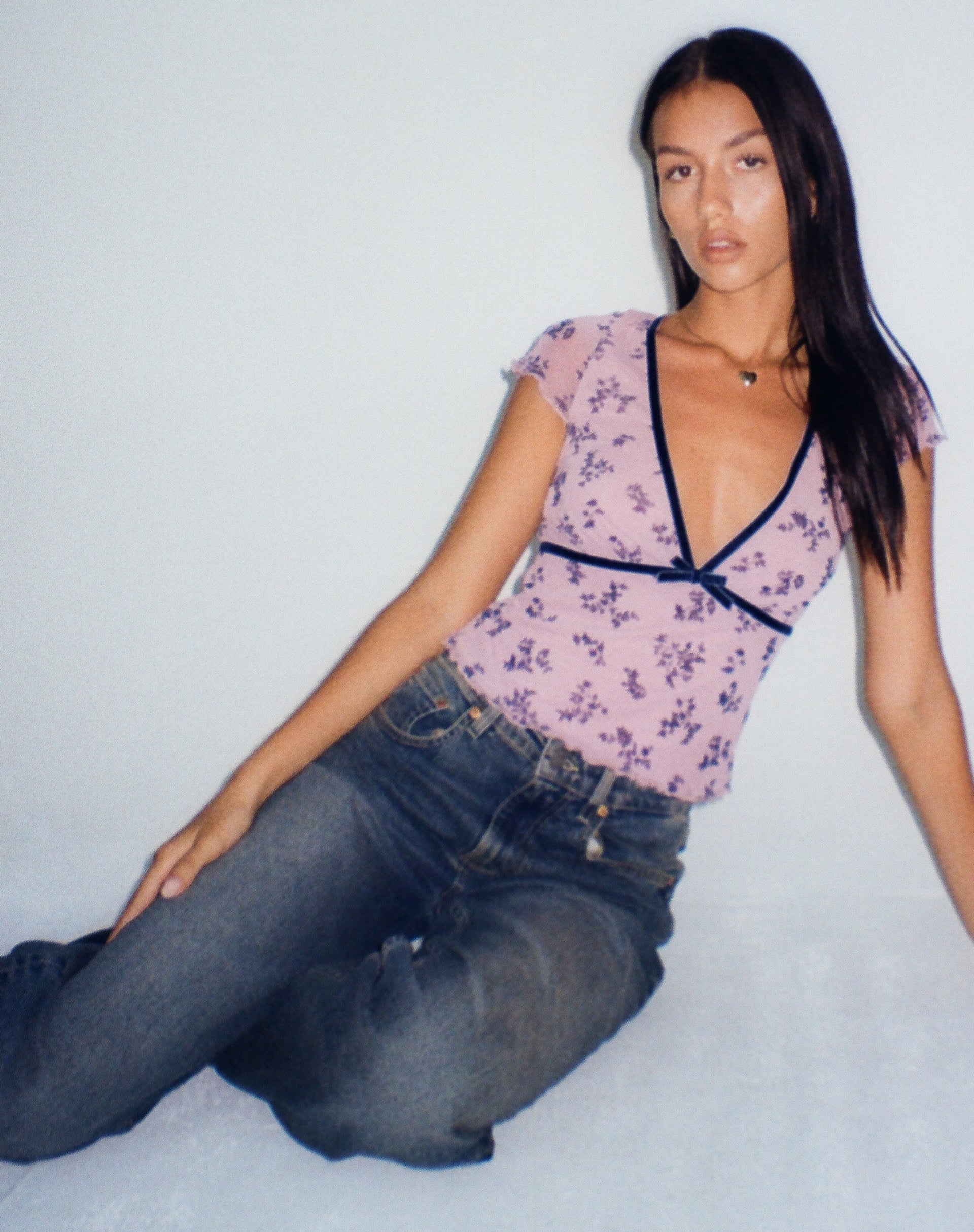 Livi Mesh Top in Pink and Navy Botanist Flocking - Awmao