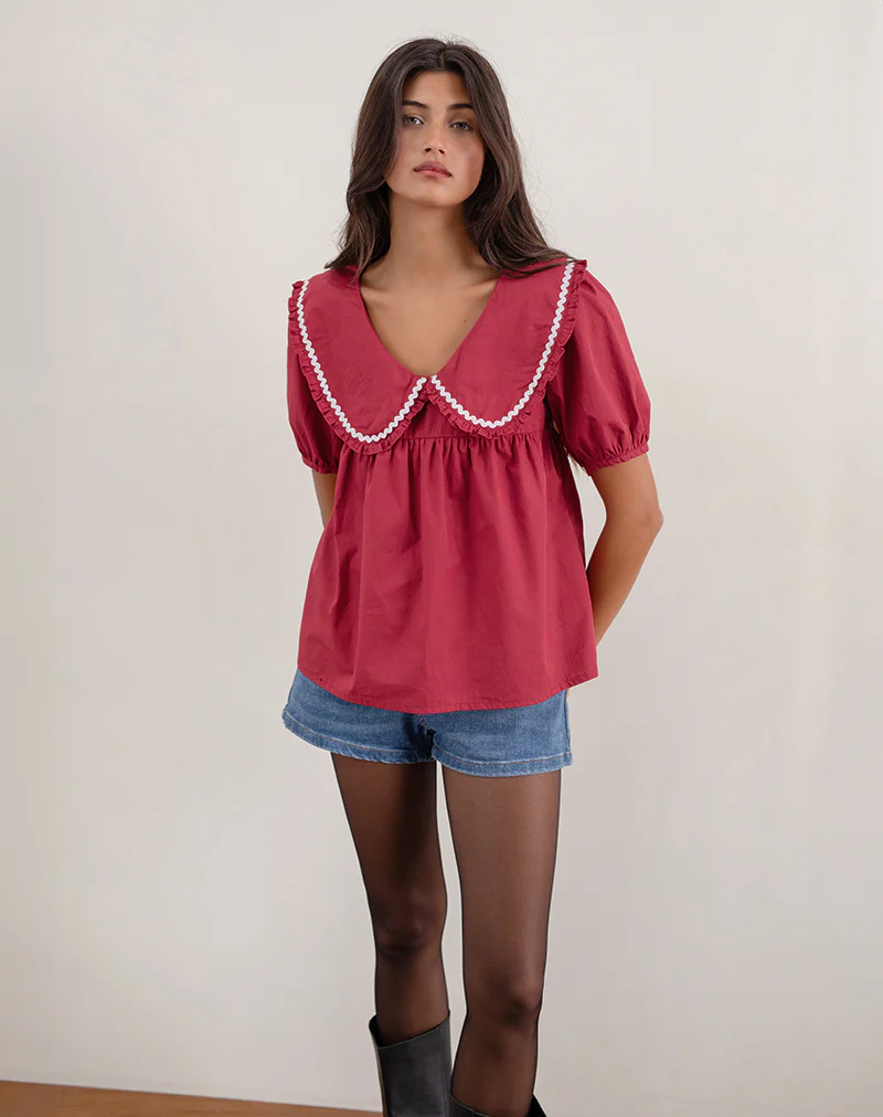 Viana Blouse in Adrenaline Red with White Trim - Awmao