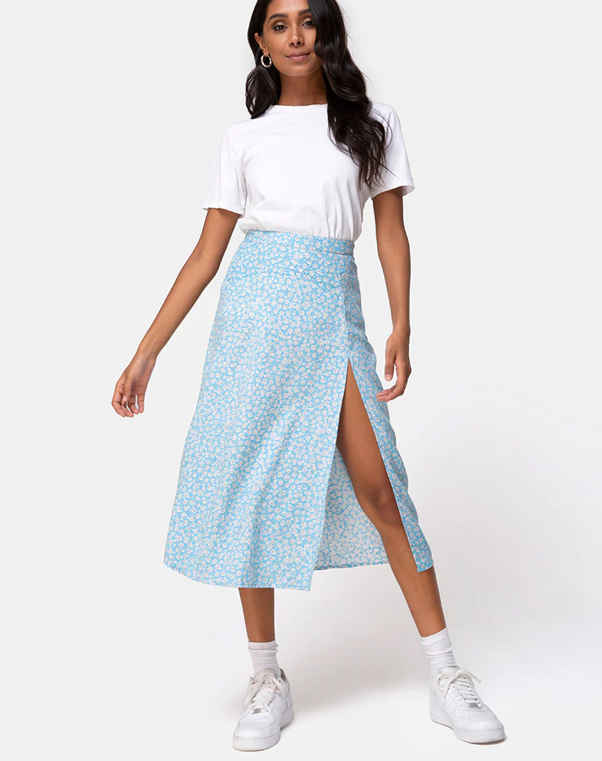 Saika Midi Skirt in Ditsy Rose Blue - Awmao